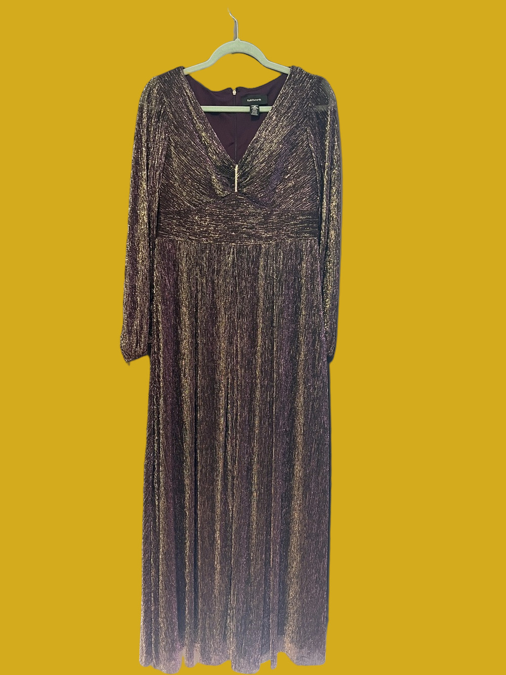 R & M Richards Purple and Gold Metallic Long Sleeve Maxi Dress